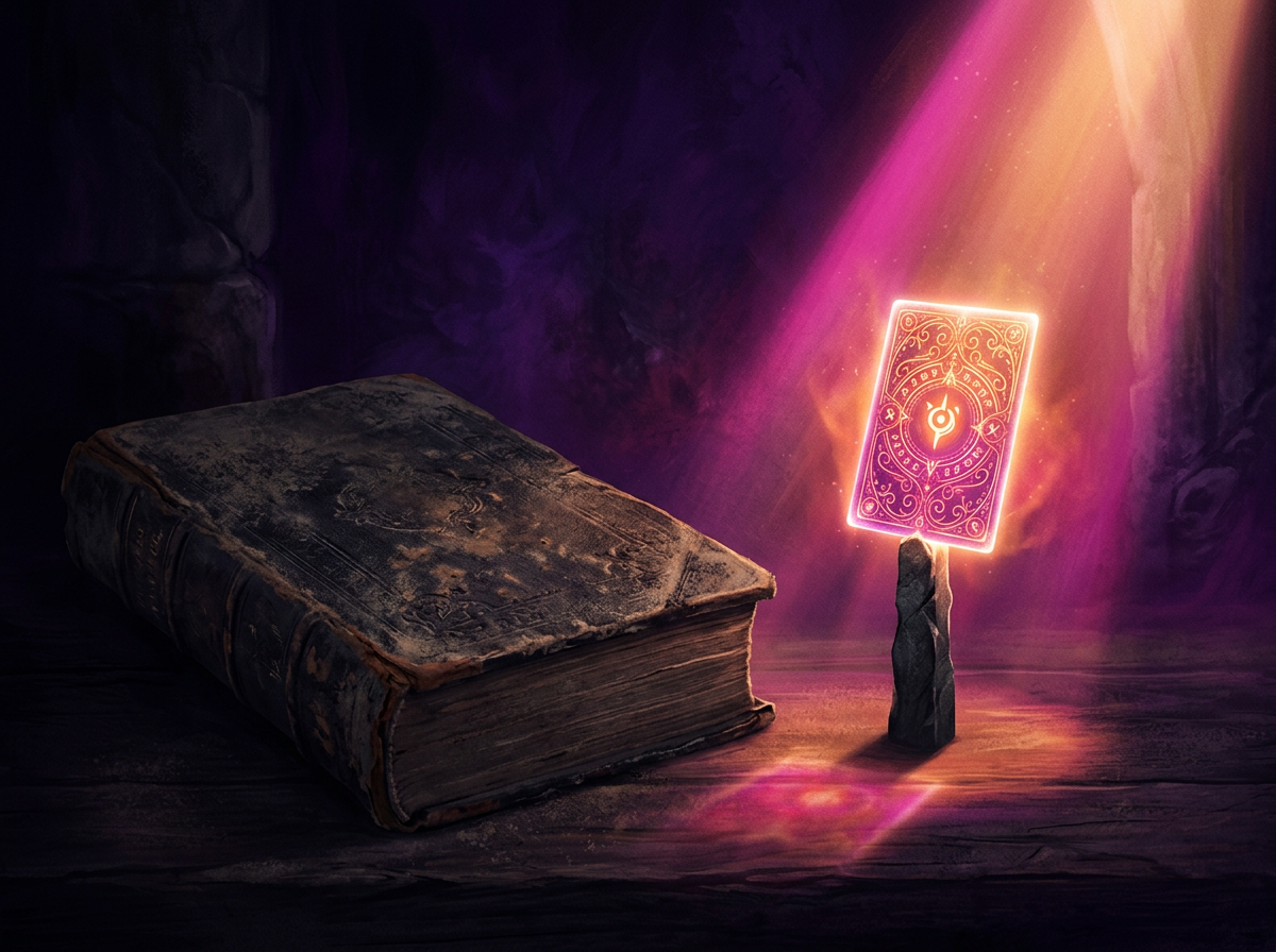 A heavy unopened book in shadow beside a single small card lit from above