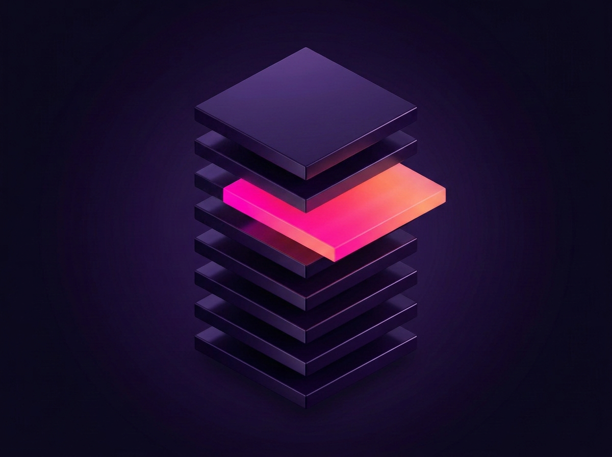 A stack of system layers with one layer pulled forward and lit
