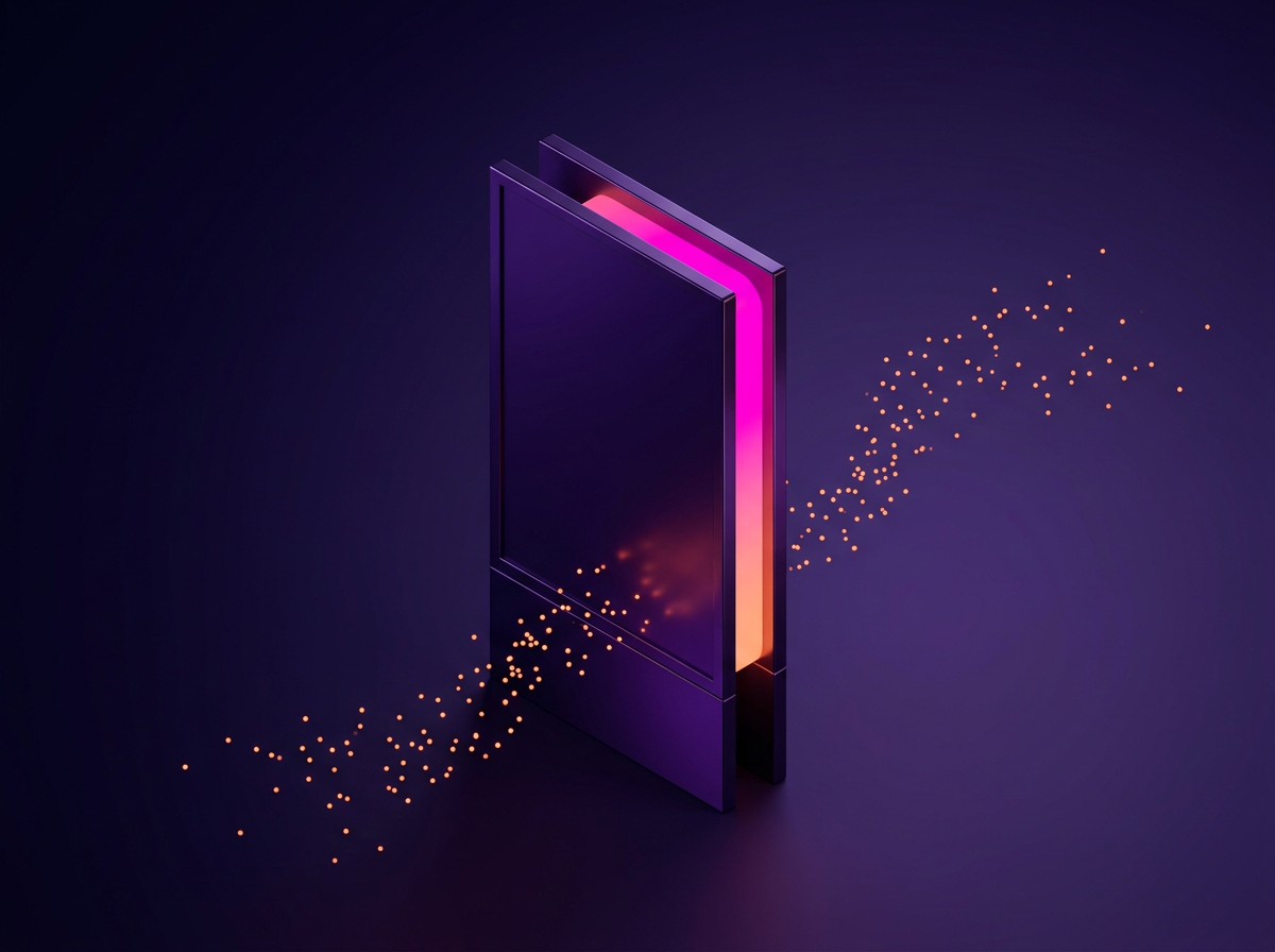 A tall unlit panel with a stream of glowing particles flowing straight past it