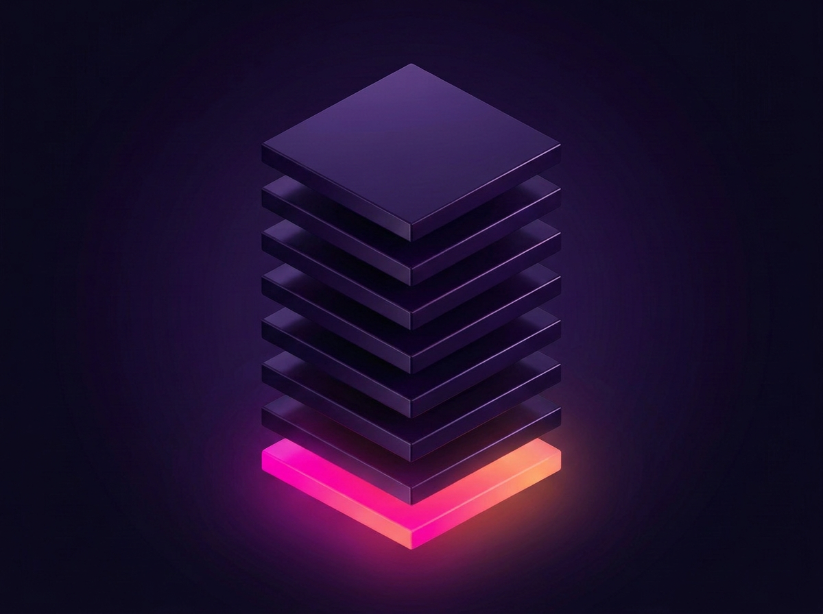 A stack of system layers with the bottom layer pulled forward and lit